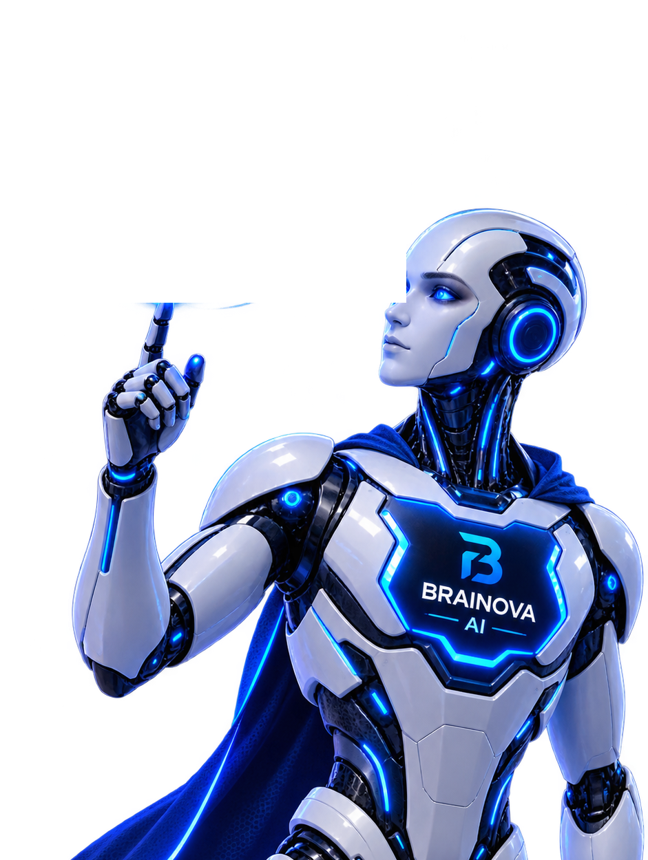 AI robot pointing at a glowing digital globe